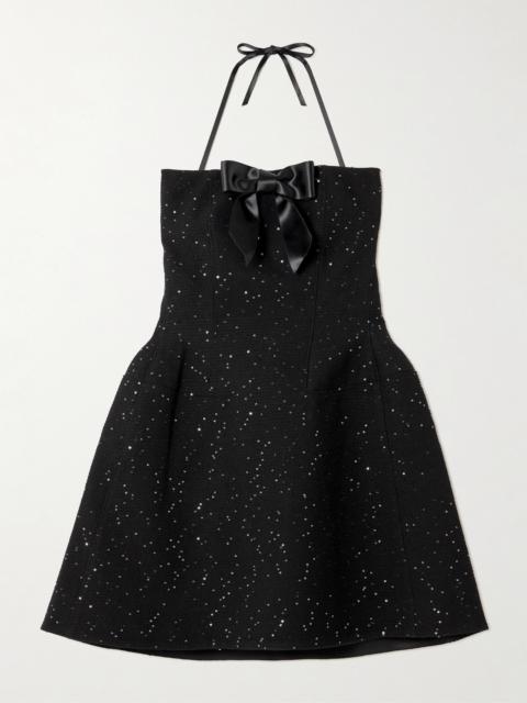 Strapless Bow-detailed Sequin-embellished Wool-blend Mini Dress