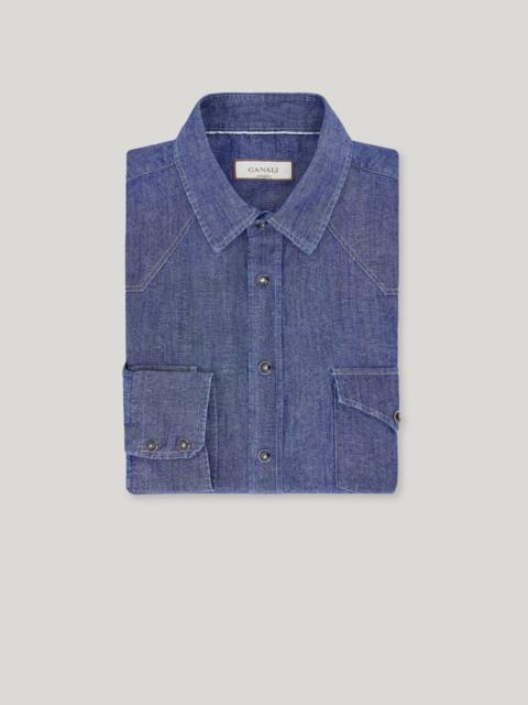 BLUE COTTON-LINEN DENIM REGULAR-FIT SHIRT WITH SNAP BUTTONS