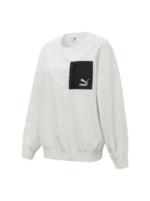 (WMNS) PUMA Contrasting Colors Zipper Pocket Sports Round Neck Pullover 'White' 534753-93