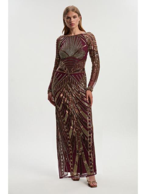 Premium Mirrored Crystal Embellished Woven Long Sleeve Column Dress
