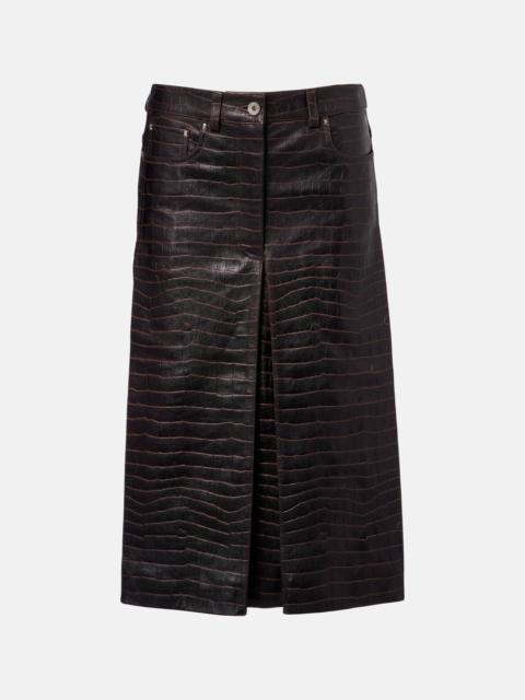 Pleated croc-effect leather midi skirt