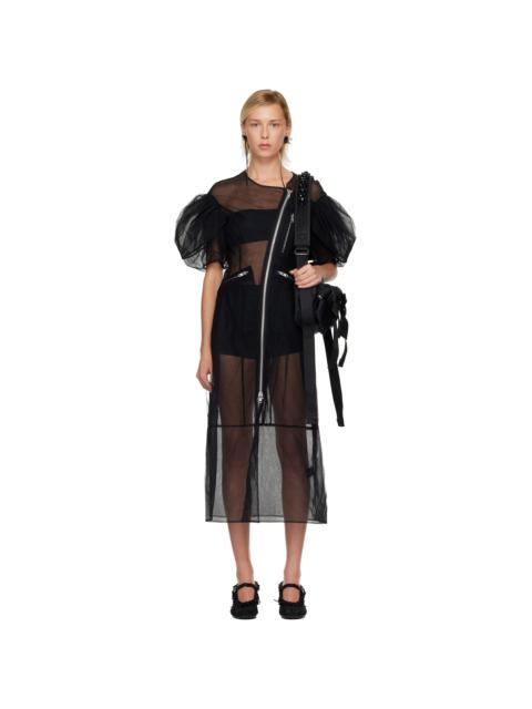 Black Sheer Sculpted Petal Sleeve Biker Midi Dress