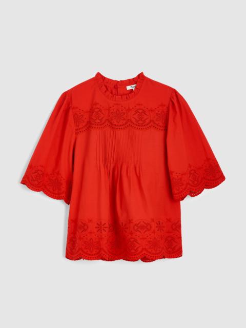 Embroidered Pintuck High-Neck Top