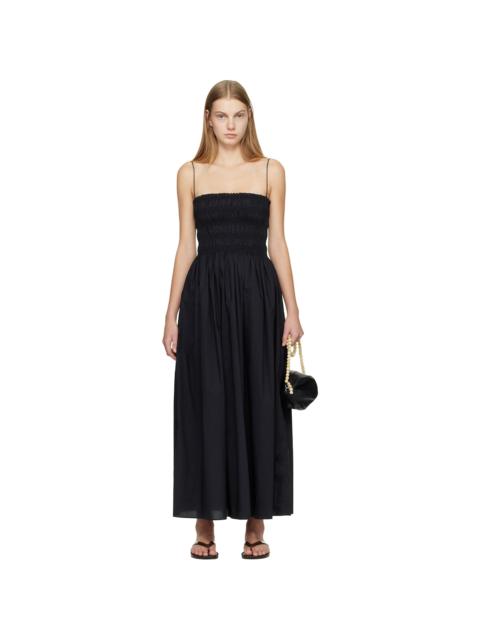 Black Shirred Bodice Midi Dress