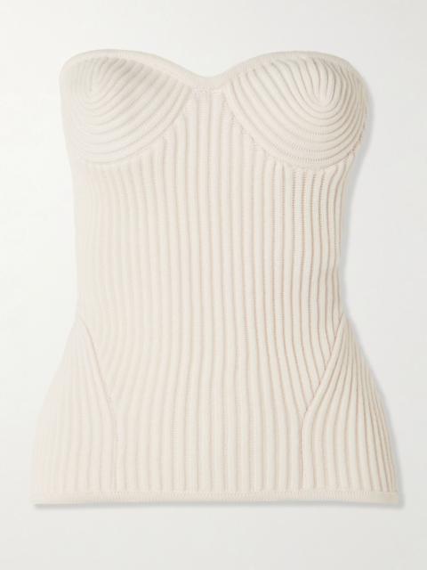 Paneled ribbed wool-blend bustier top White