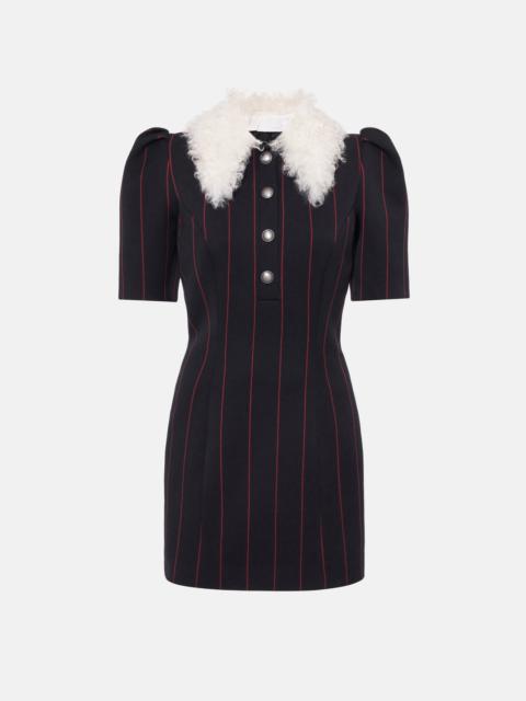 LIGHT WOOL PINSTRIPE MINI DRESS W/ WOOL FUR COLLAR