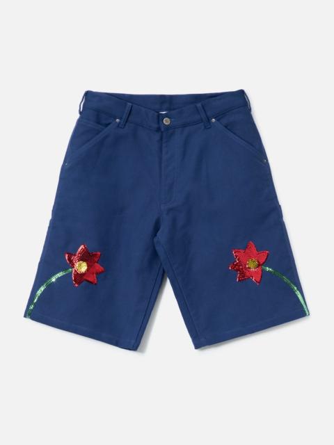 WORKWEAR SEQUIN EMBROIDERED FLOWERS DENIM SHORTS