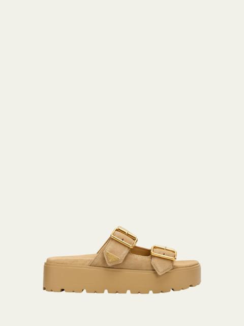 Triangle Logo Suede Dual-Buckle Platform Sandals