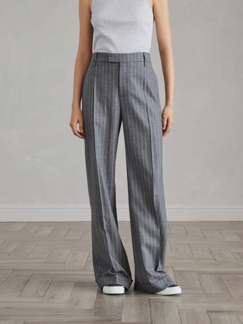 Virgin wool mouliné chalk stripe loose flared trousers with monili