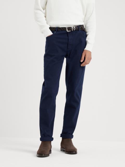Garment-dyed comfort lightweight denim traditional fit five-pocket trousers