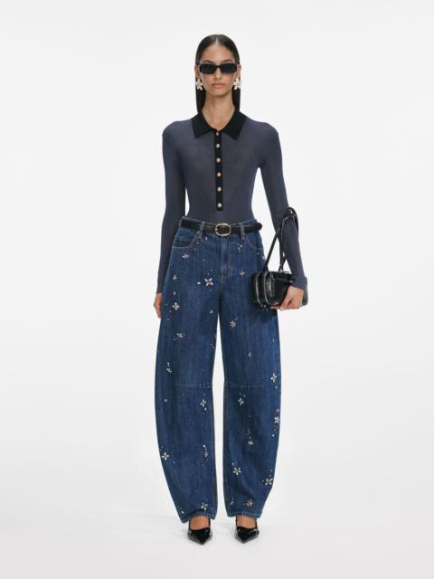 Blue Embellished Barrel Leg Jeans