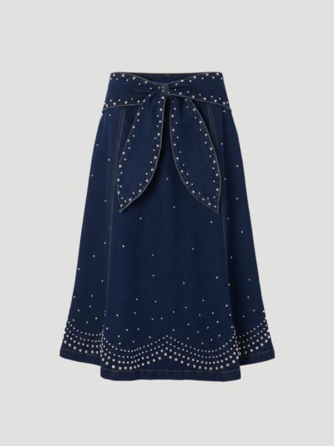 Denim Placed Stud Tie Belt Full Midi Skirt