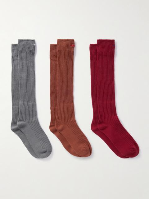 Pack Of Three Embroidered Cotton-blend Socks
