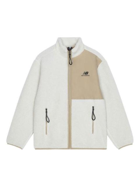 New Balance Contrasting Colors Knit Suede Sports Stand Collar Logo Lamb's Wool Jacket Autumn Creamy 