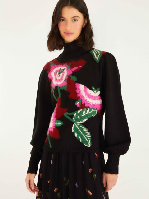 Black Bold Colorful Flower Embroidered Knit Sweater