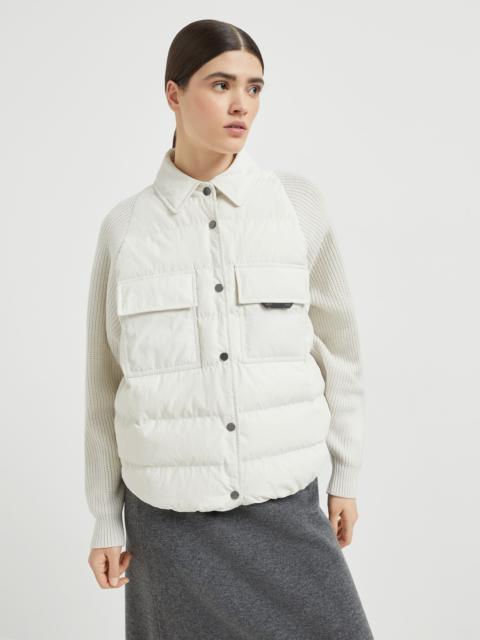 Water-resistant techno cotton and virgin wool, cashmere and silk knit down jacket with shiny flap de