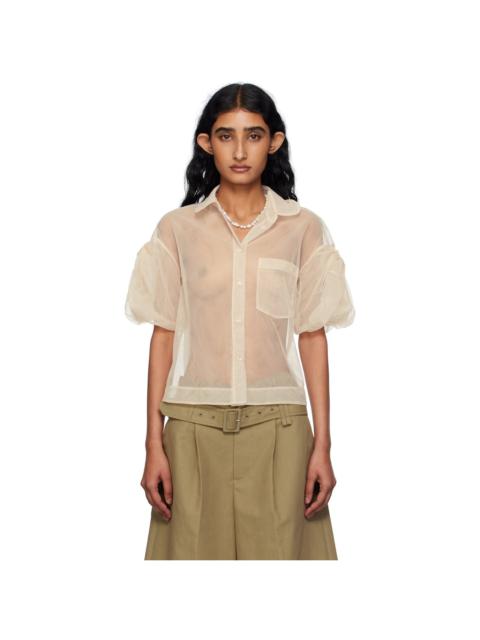 Beige Sheer Cropped Bow Puff Sleeve Shirt