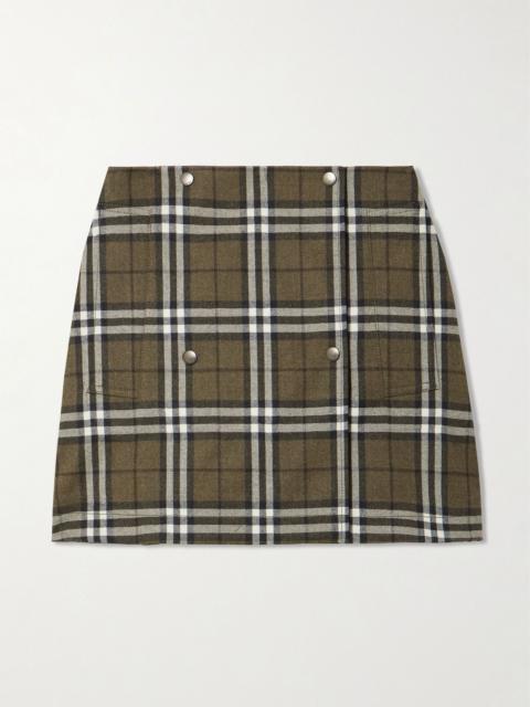 Button-embellished checked wool-twill mini skirt Green