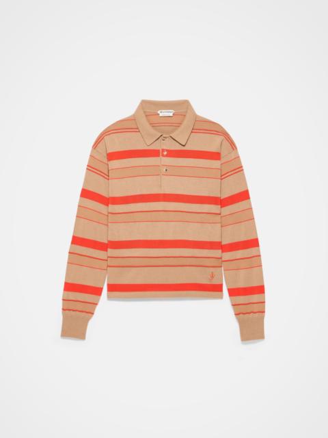 KNITTED STRIPED RUGBY POLO TOP IN BISCUIT