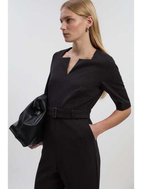 Structured Crepe Forever Notch Neck Belted Tailored Jumpsuit