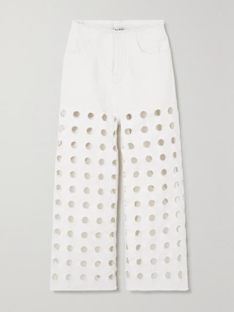 Embroidered Laser-cut Frayed Low-rise Jeans