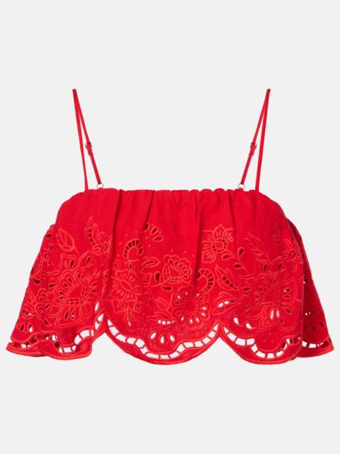 Broderie anglaise linen-blend crop top