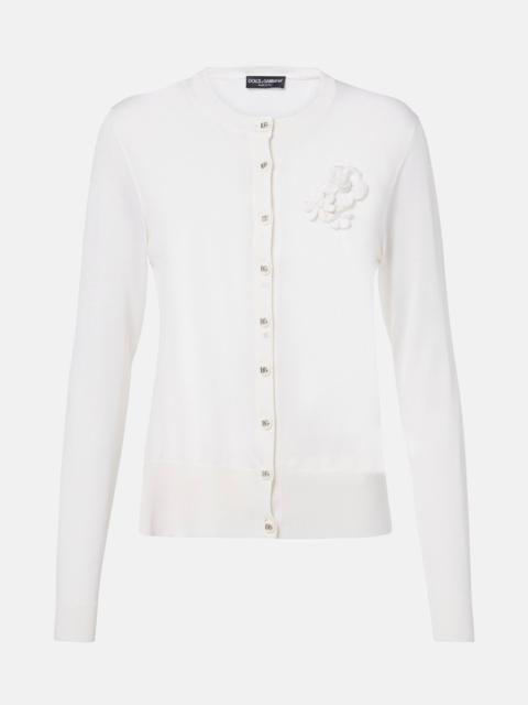 Floral-appliqué silk cardigan