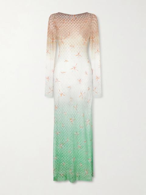 Open-back Dégradé Embroidered Metallic Crochet-knit Maxi Dress