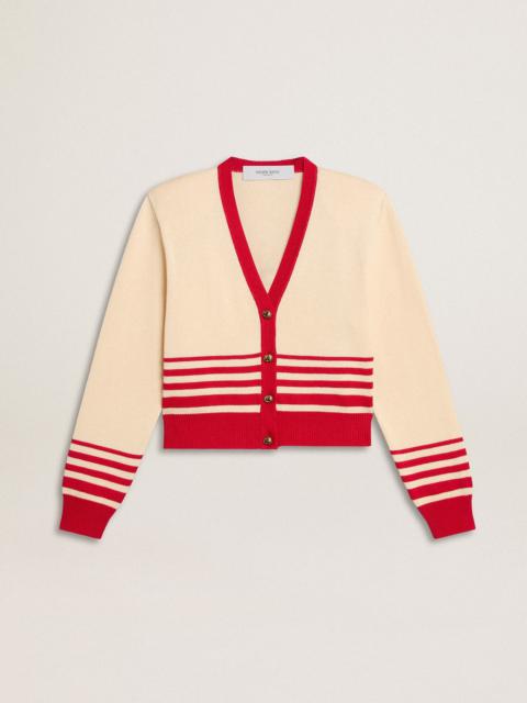 Women's cardigan in cream with red stripes