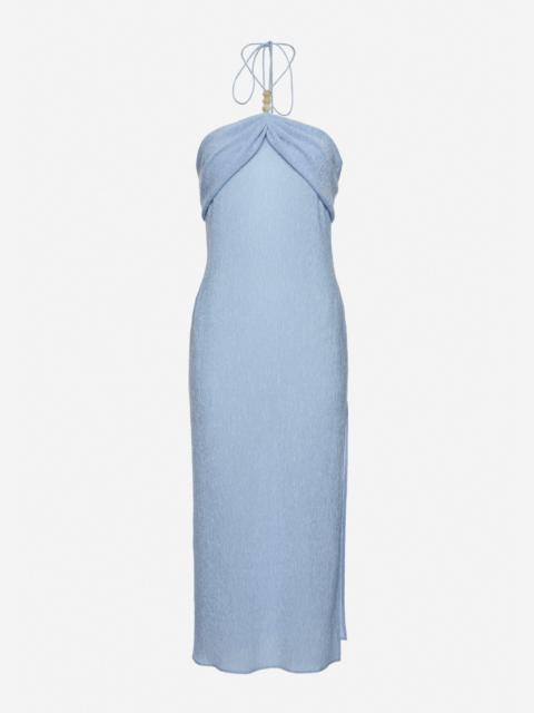 Long halterneck dress with draped neckline in light blue