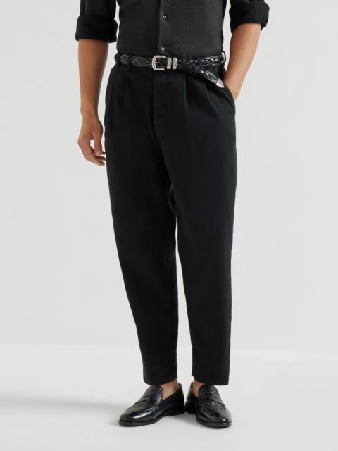 Garment-dyed iconic fit five-pocket trousers in comfort cotton lightweight denim with double pleats