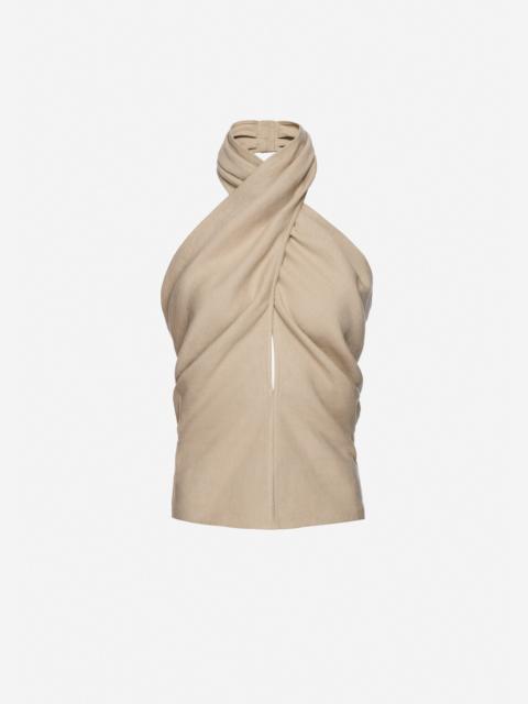 Draped halterneck linen blouse in beige