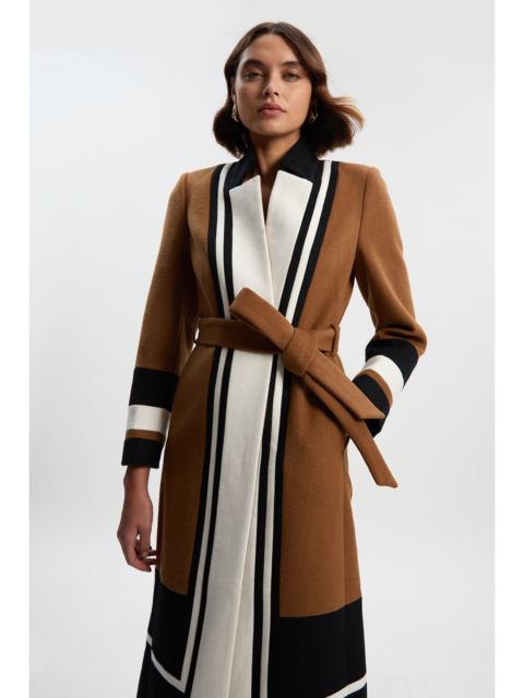 Brushed Wool Colour Block Tailored Belted Midi Coat