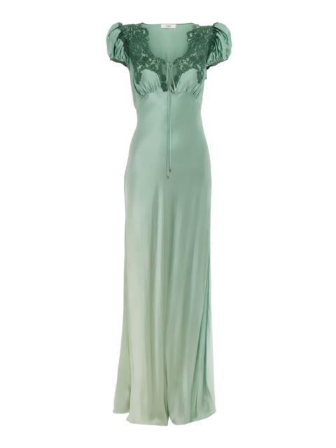 Lace-Trimmed Silk Satin Maxi Dress green