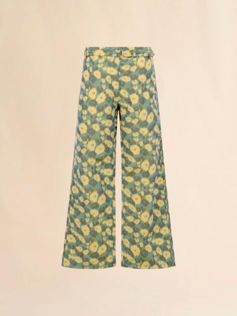 GREEN LINEN BLEND TROUSERS WITH BLURRY FLORAL PRINT