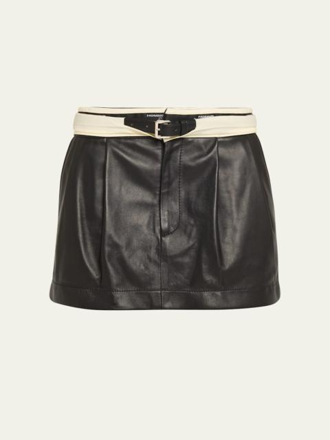 Belted Flip-Waist Leather Mini Skirt