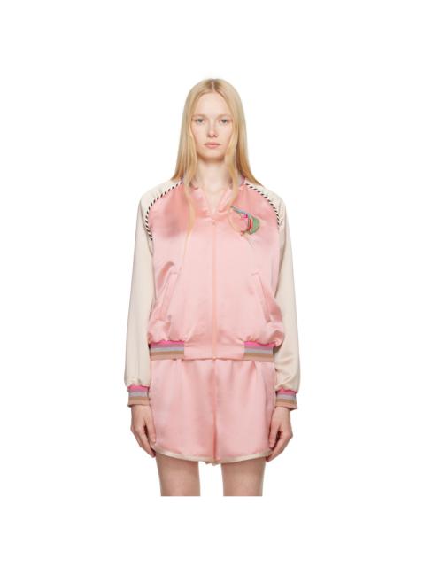 Pink Satin Embroidered Souvenir Bomber Jacket