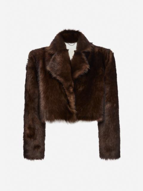Cropped faux fur jacket in brown with embroidered lining