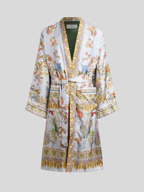 SILK ROBE WITH PLACED FLORA AND FAUNA PRINT