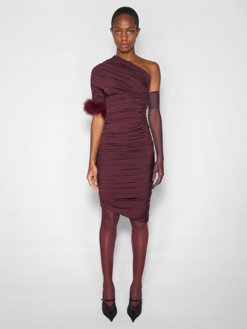 burgundy one-shoulder marabou dress