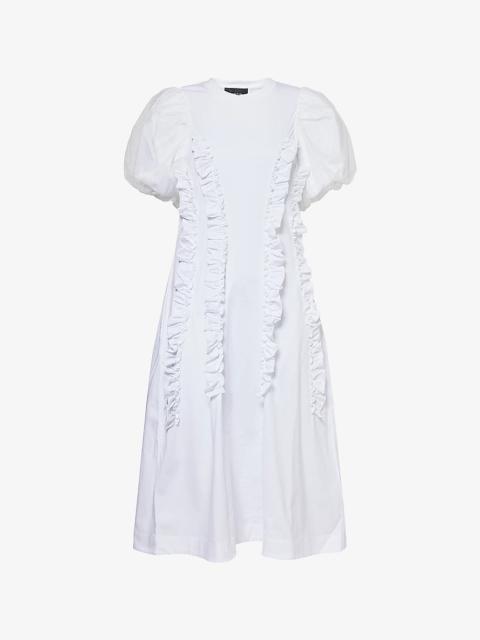 Tulle-Puffed-Sleeves Frilled Cotton-Jersey Midi Dress