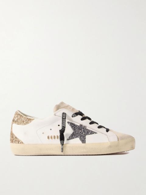 Super-Star distressed suede-trimmed glittered leather sneakers White