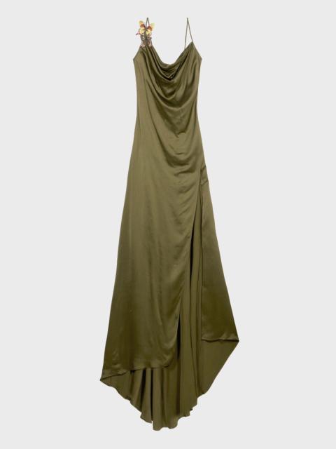 LONG SATIN DRESS WITH BUTTERFLY AND SLIT