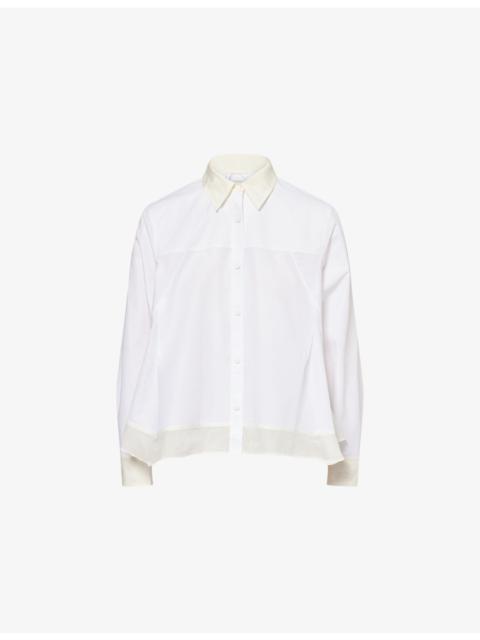Flounce Hem Long-Sleeve Cotton-Silk Shirt
