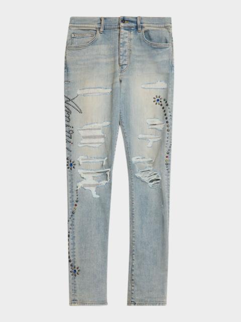 Men & apos;s Floral Studded Denim Skinny Jeans