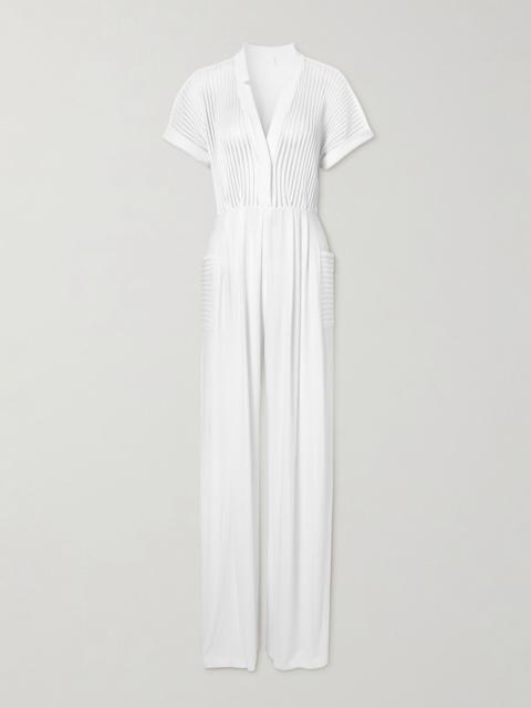 Geralyn belted paneled jersey and mesh jumpsuit White