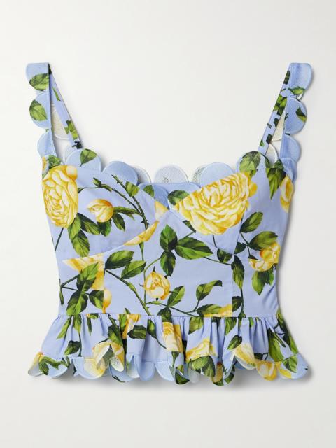 Cropped Scalloped Floral-print Cotton-blend Poplin Top