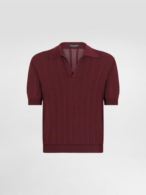Short-sleeved cotton openwork polo-shirt