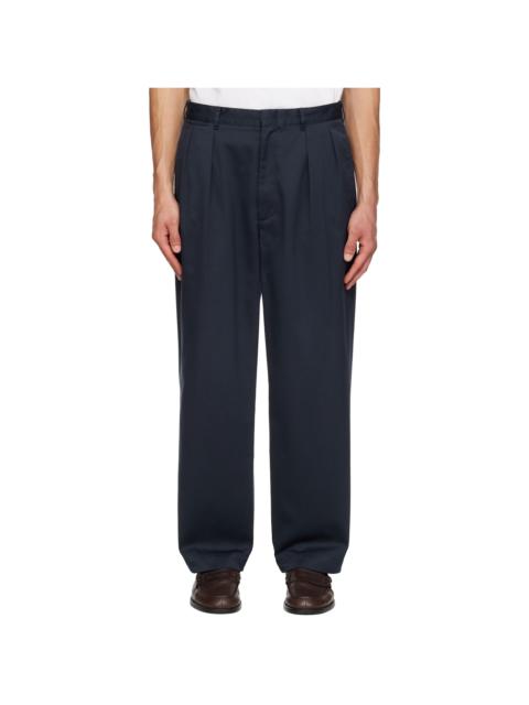 Navy Double Pleated Chino Trousers