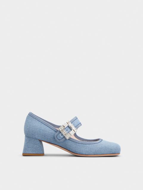 Très Vivier Strass Buckle Babies Pumps in Denim